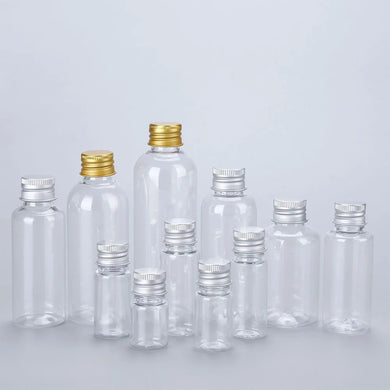 Lot de 50 / 100 bouteilles n plastique avec bouchons en aluminium 120ml, 100ml, 50ml, 30ml, 20ml, 10ml et 5ml.