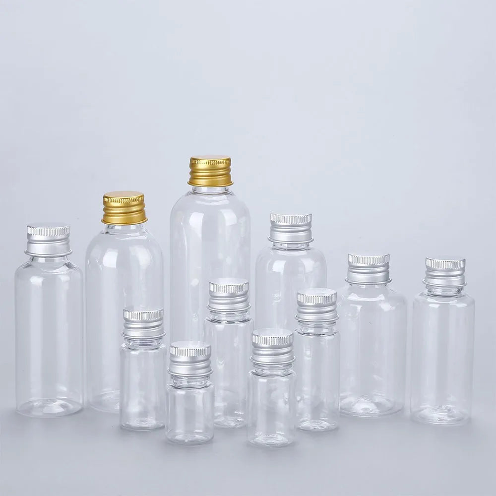 Lot de 50 / 100 bouteilles n plastique avec bouchons en aluminium 120ml, 100ml, 50ml, 30ml, 20ml, 10ml et 5ml.